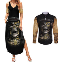 Skull Couples Matching Summer Maxi Dress and Long Sleeve Button Shirts Golden Skull Steampunk - Wonder Print Shop