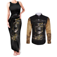 Skull Couples Matching Tank Maxi Dress and Long Sleeve Button Shirts Golden Skull Steampunk - Wonder Print Shop