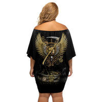 Skull Off Shoulder Short Dress Golden Skull Steampunk - Wonder Print Shop