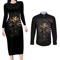 Skull Couples Matching Long Sleeve Bodycon Dress and Long Sleeve Button Shirts Skeleton Steampunk Heart Inside - Wonder Print Shop