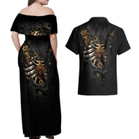 Skull Couples Matching Off Shoulder Maxi Dress and Hawaiian Shirt Skeleton Steampunk Heart Inside - Wonder Print Shop