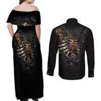 Skull Couples Matching Off Shoulder Maxi Dress and Long Sleeve Button Shirts Skeleton Steampunk Heart Inside - Wonder Print Shop