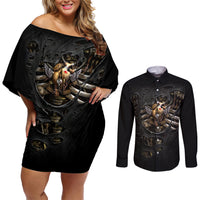 Skull Couples Matching Off Shoulder Short Dress and Long Sleeve Button Shirts Skeleton Steampunk Heart Inside - Wonder Print Shop