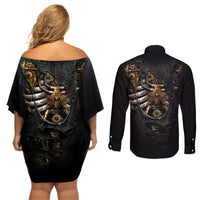 Skull Couples Matching Off Shoulder Short Dress and Long Sleeve Button Shirts Skeleton Steampunk Heart Inside - Wonder Print Shop