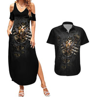 Skull Couples Matching Summer Maxi Dress and Hawaiian Shirt Skeleton Steampunk Heart Inside - Wonder Print Shop