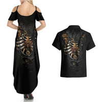 Skull Couples Matching Summer Maxi Dress and Hawaiian Shirt Skeleton Steampunk Heart Inside - Wonder Print Shop