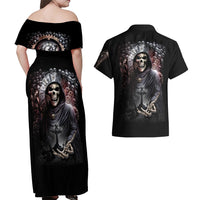 Skull Couples Matching Off Shoulder Maxi Dress and Hawaiian Shirt Skull Grim Time Reaper - Wonder Print Shop