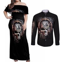 Skull Couples Matching Off Shoulder Maxi Dress and Long Sleeve Button Shirts Skull Grim Time Reaper - Wonder Print Shop