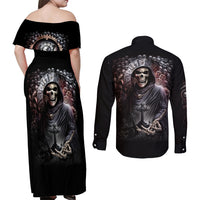 Skull Couples Matching Off Shoulder Maxi Dress and Long Sleeve Button Shirts Skull Grim Time Reaper - Wonder Print Shop