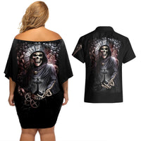 Skull Couples Matching Off Shoulder Short Dress and Hawaiian Shirt Skull Grim Time Reaper - Wonder Print Shop