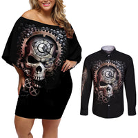 Skull Couples Matching Off Shoulder Short Dress and Long Sleeve Button Shirts Skull Grim Time Reaper - Wonder Print Shop