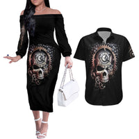 Skull Couples Matching Off The Shoulder Long Sleeve Dress and Hawaiian Shirt Skull Grim Time Reaper - Wonder Print Shop