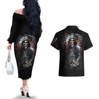 Skull Couples Matching Off The Shoulder Long Sleeve Dress and Hawaiian Shirt Skull Grim Time Reaper - Wonder Print Shop