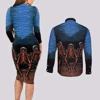 Skull Couples Matching Long Sleeve Bodycon Dress and Long Sleeve Button Shirts Three Skeleton No See No Speak No Hear - Wonder Print Shop