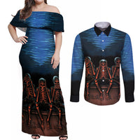 Skull Couples Matching Off Shoulder Maxi Dress and Long Sleeve Button Shirts Three Skeleton No See No Speak No Hear - Wonder Print Shop