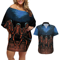 Skull Couples Matching Off Shoulder Short Dress and Hawaiian Shirt Three Skeleton No See No Speak No Hear - Wonder Print Shop