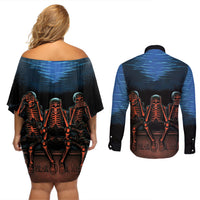 Skull Couples Matching Off Shoulder Short Dress and Long Sleeve Button Shirts Three Skeleton No See No Speak No Hear - Wonder Print Shop
