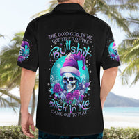 Black Hawaiian shirt with skull witch back print, purple hair, and roses