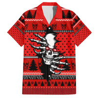 Red short-sleeve Hawaiian shirt with skeleton graphic and winter hearts/trees pattern
