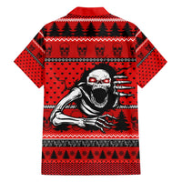 Red short-sleeve Hawaiian shirt back with skeleton skull, hands, and winter pattern