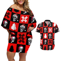 Skull Santa Couples Matching Off Shoulder Short Dress and Hawaiian Shirt Pattern Skull Santa Ugly Christmas - Wonder Print Shop