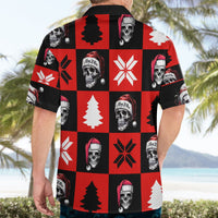 Red and black Hawaiian shirt back view with skull and Santa hat pattern and trees