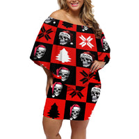 Skull Santa Off Shoulder Short Dress Pattern Skull Santa Ugly Christmas - Wonder Print Shop