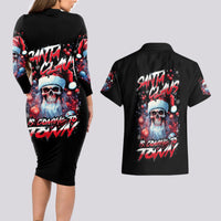 Skull Santa Claus Couples Matching Long Sleeve Bodycon Dress and Hawaiian Shirt Santa Claus Is Coming To Town - Wonder Print Shop