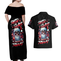 Skull Santa Claus Couples Matching Off Shoulder Maxi Dress and Hawaiian Shirt Santa Claus Is Coming To Town - Wonder Print Shop