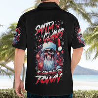 Black Hawaiian shirt back shows Santa skull graphic with red lettering, short sleeves
