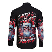 Skull Santa Claus Long Sleeve Button Shirt Santa Claus Is Coming To Town - Wonder Print Shop