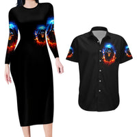 Flame Skull Couples Matching Long Sleeve Bodycon Dress and Hawaiian Shirt When I Was Born The Devil Said Competition - Wonder Print Shop