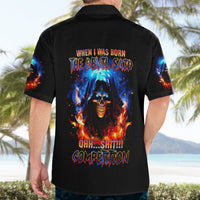Black short-sleeve Hawaiian shirt with large back skull devil flame graphic and text design.