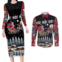 Skeleton Santa Claus Couples Matching Long Sleeve Bodycon Dress and Long Sleeve Button Shirt Santa Is Coming Ho Ho Ho - Wonder Print Shop