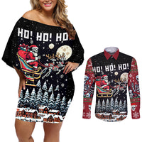 Skeleton Santa Claus Couples Matching Off Shoulder Short Dress and Long Sleeve Button Shirt Santa Is Coming Ho Ho Ho - Wonder Print Shop