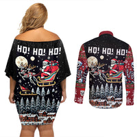 Skeleton Santa Claus Couples Matching Off Shoulder Short Dress and Long Sleeve Button Shirt Santa Is Coming Ho Ho Ho - Wonder Print Shop