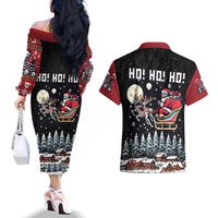 Skeleton Santa Claus Couples Matching Off The Shoulder Long Sleeve Dress and Hawaiian Shirt Santa Is Coming Ho Ho Ho - Wonder Print Shop