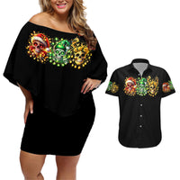Sugar Skull Santa Couples Matching Off Shoulder Short Dress and Hawaiian Shirt Sugar Skull Ho Ho Ho - Wonder Print Shop