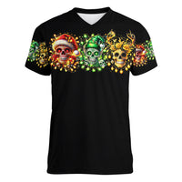 Sugar Skull Santa Women V Neck T Shirt Sugar Skull Ho Ho Ho - Wonder Print Shop