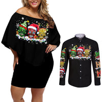 Skeleton Santa Claus Couples Matching Off Shoulder Short Dress and Long Sleeve Button Shirt Sugar Santa Claus Ho Ho Ho - Wonder Print Shop