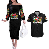 Skeleton Santa Claus Couples Matching Off The Shoulder Long Sleeve Dress and Hawaiian Shirt Sugar Santa Claus Ho Ho Ho - Wonder Print Shop