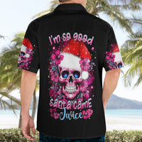 Black Hawaiian shirt on model with back skull Santa graphic and pink flower accents