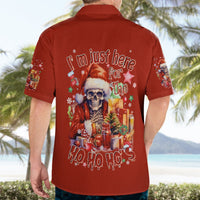 Red short-sleeve button-up Hawaiian shirt back view, skeleton Santa and “Ho Ho Ho” text graphic