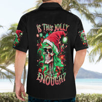 Black short-sleeve Hawaiian shirt with skull Santa back graphic, button-up