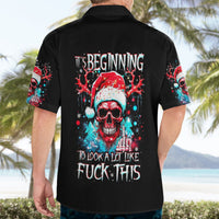Black short-sleeve button-up Hawaiian shirt with skull Santa back print and text