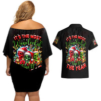 Skull Santa Claus Couples Matching Off Shoulder Short Dress and Hawaiian Shirt It's The Most Time Of The Year - Wonder Print Shop