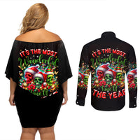 Skull Santa Claus Couples Matching Off Shoulder Short Dress and Long Sleeve Button Shirt It's The Most Time Of The Year - Wonder Print Shop