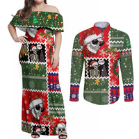 Skeleton Santa Claus Couples Matching Off Shoulder Maxi Dress and Long Sleeve Button Shirt Moodboard Skull Ugly Christmas - Wonder Print Shop