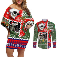 Skeleton Santa Claus Couples Matching Off Shoulder Short Dress and Long Sleeve Button Shirt Moodboard Skull Ugly Christmas - Wonder Print Shop