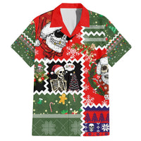 Red short-sleeve Hawaiian shirt with skeleton Santa, skulls, and festive Christmas pattern